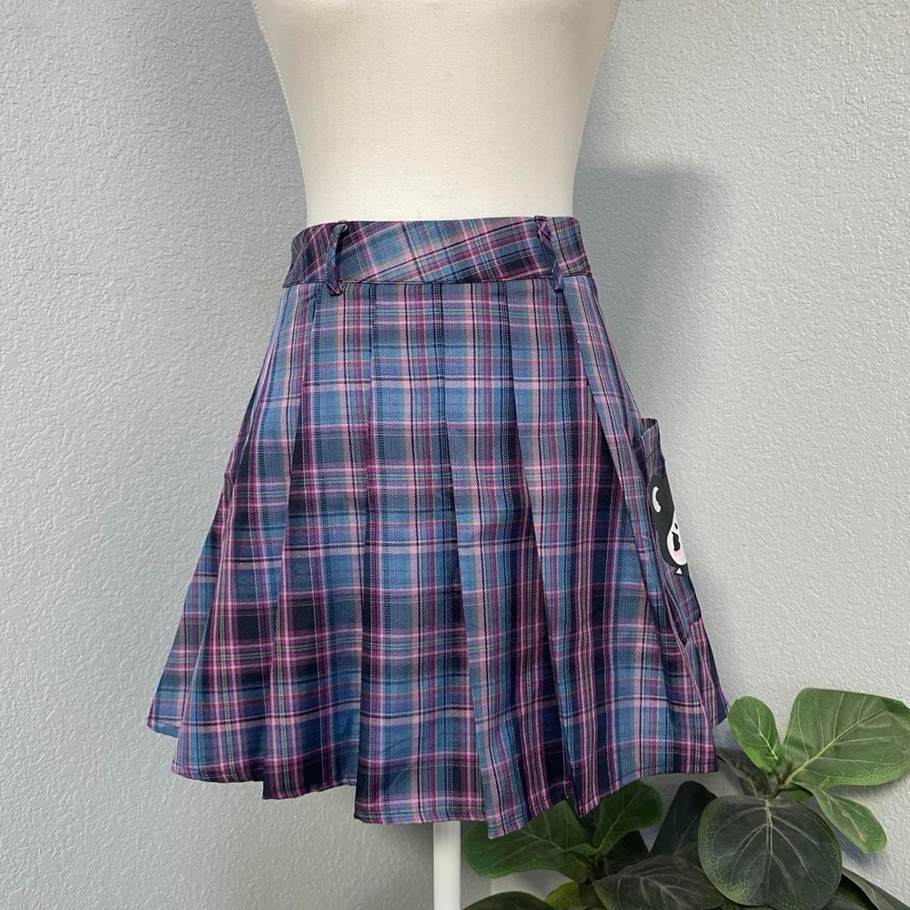 PLAID PURPLE BLUE PLEATED SKIRT KAWAII BEAR FACE POCKET DETAIL